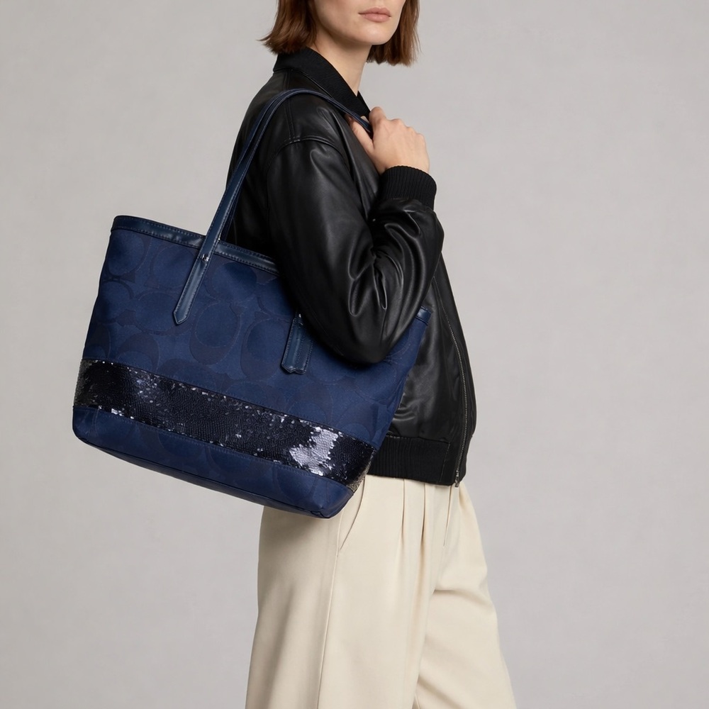 Coach F17574 Signature Tote Handbag Satin Purple Sequins Medium Blue